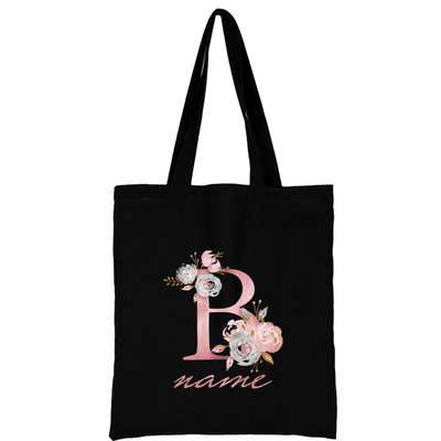 Női vászon válltáska Rózsaszín virágos levél személyre szabott név Kézitáska Női Alkalmi hordtáska Nagy kapacitású újrafelhasználható bevásárlótáska