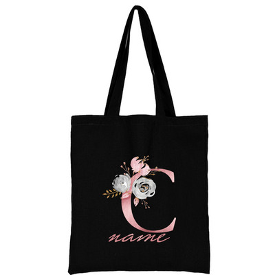 Női vászon válltáska Rózsaszín virágos levél személyre szabott név Kézitáska Női Alkalmi hordtáska Nagy kapacitású újrafelhasználható bevásárlótáska