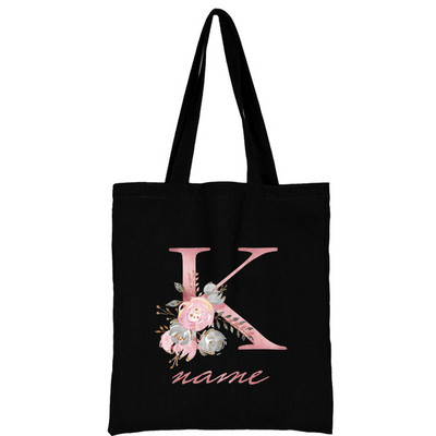 Női vászon válltáska Rózsaszín virágos levél személyre szabott név Kézitáska Női Alkalmi hordtáska Nagy kapacitású újrafelhasználható bevásárlótáska