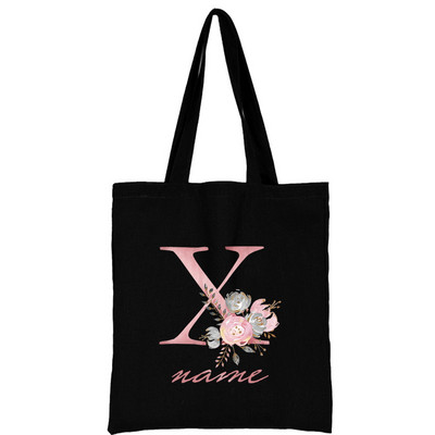 Női vászon válltáska Rózsaszín virágos levél személyre szabott név Kézitáska Női Alkalmi hordtáska Nagy kapacitású újrafelhasználható bevásárlótáska