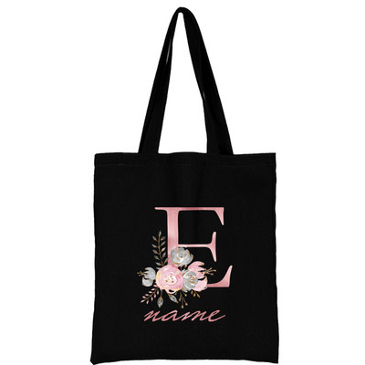 Női vászon válltáska Rózsaszín virágos levél személyre szabott név Kézitáska Női Alkalmi hordtáska Nagy kapacitású újrafelhasználható bevásárlótáska