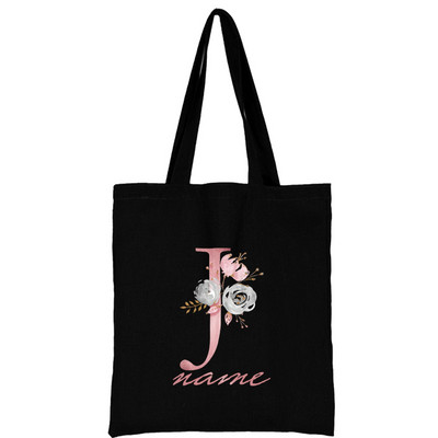 Női vászon válltáska Rózsaszín virágos levél személyre szabott név Kézitáska Női Alkalmi hordtáska Nagy kapacitású újrafelhasználható bevásárlótáska