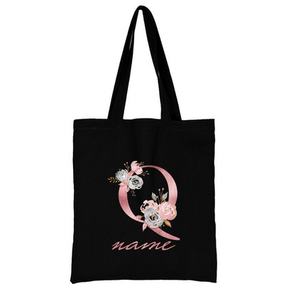 Női vászon válltáska Rózsaszín virágos levél személyre szabott név Kézitáska Női Alkalmi hordtáska Nagy kapacitású újrafelhasználható bevásárlótáska