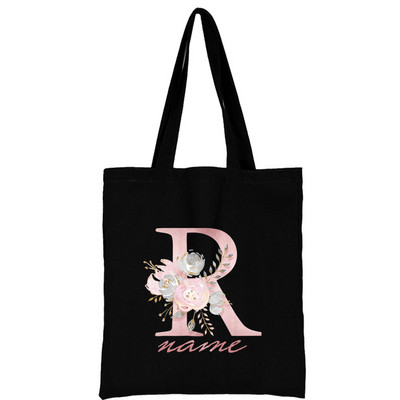 Női vászon válltáska Rózsaszín virágos levél személyre szabott név Kézitáska Női Alkalmi hordtáska Nagy kapacitású újrafelhasználható bevásárlótáska
