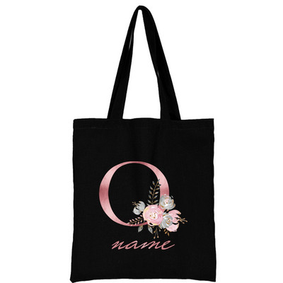 Női vászon válltáska Rózsaszín virágos levél személyre szabott név Kézitáska Női Alkalmi hordtáska Nagy kapacitású újrafelhasználható bevásárlótáska