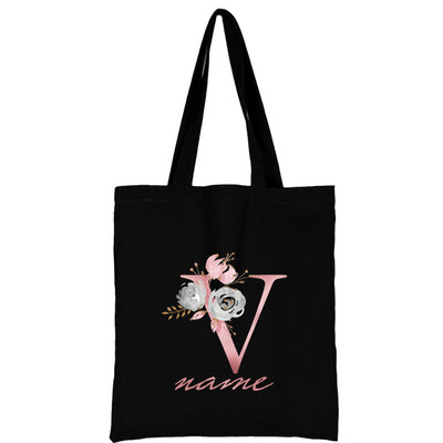 Női vászon válltáska Rózsaszín virágos levél személyre szabott név Kézitáska Női Alkalmi hordtáska Nagy kapacitású újrafelhasználható bevásárlótáska