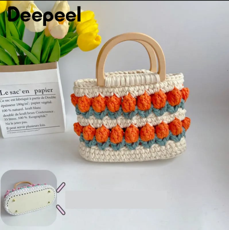 1Szett Deepeel új fa fogantyúk bőrtáska aljával, kézzel készített anyag szőtt táska kézitáskák kötött táskák barkács varrás kiegészítők