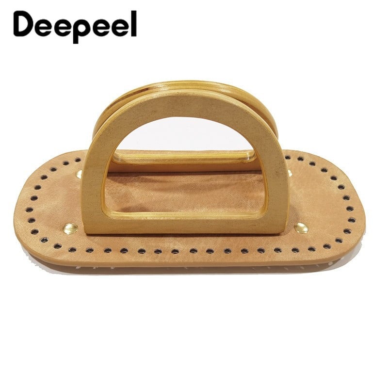 1Szett Deepeel új fa fogantyúk bőrtáska aljával, kézzel készített anyag szőtt táska kézitáskák kötött táskák barkács varrás kiegészítők