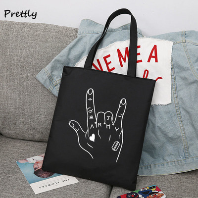 Jungkook Kpop vászon táska Koreai hadsereg árucikk szövettáskák női fekete fehér vásárlói kézitáska újrafelhasználható bevásárlótáskák esztétikus