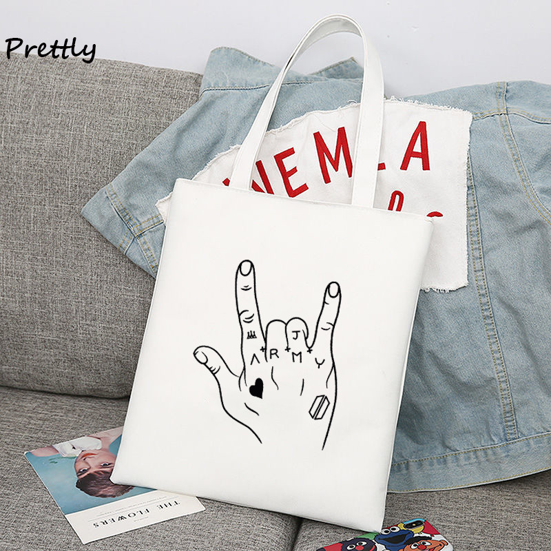 Jungkook Kpop vászon táska Koreai hadsereg árucikk szövettáskák női fekete fehér vásárlói kézitáska újrafelhasználható bevásárlótáskák esztétikus