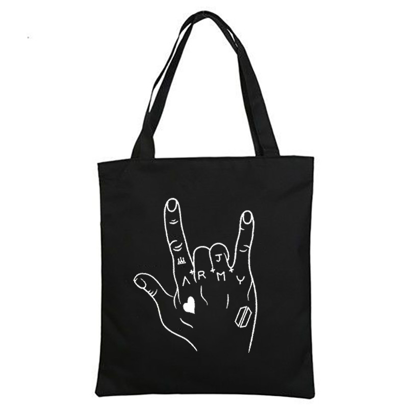 Jungkook Kpop vászon táska Koreai hadsereg árucikk szövettáskák női fekete fehér vásárlói kézitáska újrafelhasználható bevásárlótáskák esztétikus