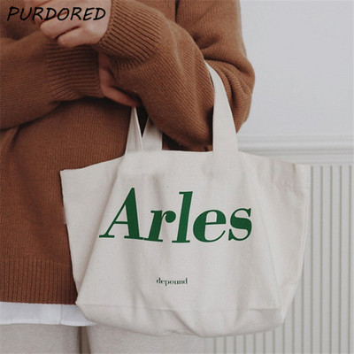 PURDORED 1 Pc New Fashion Letter Print Γυναικεία Τσάντα ώμου Καμβάς Casual Small Tote Bag Επαναχρησιμοποιήσιμη Γυναικεία Φοιτητική Τσάντα αγορών