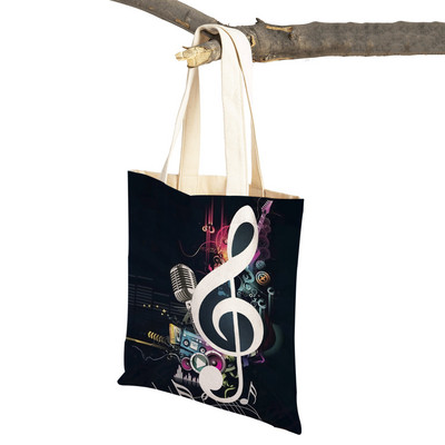 Módna kabelka na noty pre ženy, gitara, mikrofón, husle, opakovane použiteľná, obojstranná potlač, ležérna dámska plátená nákupná taška