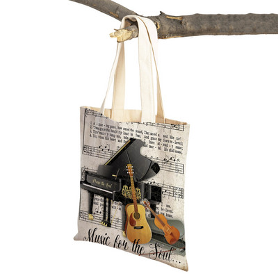 Módna kabelka na noty pre ženy, gitara, mikrofón, husle, opakovane použiteľná, obojstranná potlač, ležérna dámska plátená nákupná taška