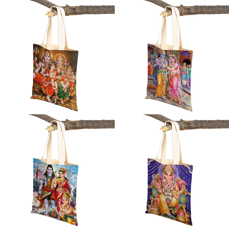 Shiva Ganesha karikatúra alkalmi női bevásárlótáska mindkét oldalon Indiai mitológia Újrafelhasználható vászon lány utazó váll kézitáska