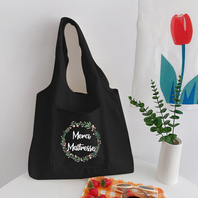 Francia nyomtatott divat Női vászon bevásárlótáska Eco Harajuku válltáskák Személyre szabott Köszönöm Mistress Iskolatáskák Ajándék