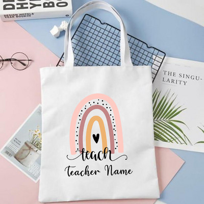 Geantă de umăr personalizată curcubeu pentru profesor cu nume personalizat pentru femei Geantă de cumpărături din pânză Eco Harajuku Genți de școală estetice Cadouri pentru profesor