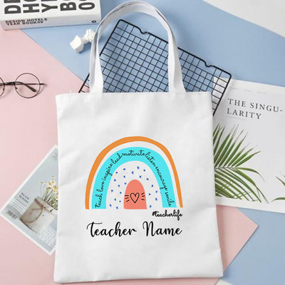 Geantă de umăr personalizată curcubeu pentru profesor cu nume personalizat pentru femei Geantă de cumpărături din pânză Eco Harajuku Genți de școală estetice Cadouri pentru profesor