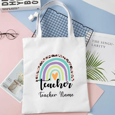 Geantă de umăr personalizată curcubeu pentru profesor cu nume personalizat pentru femei Geantă de cumpărături din pânză Eco Harajuku Genți de școală estetice Cadouri pentru profesor