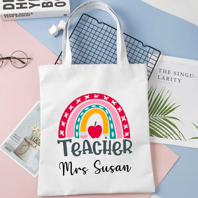 Geantă de umăr personalizată curcubeu pentru profesor cu nume personalizat pentru femei Geantă de cumpărături din pânză Eco Harajuku Genți de școală estetice Cadouri pentru profesor