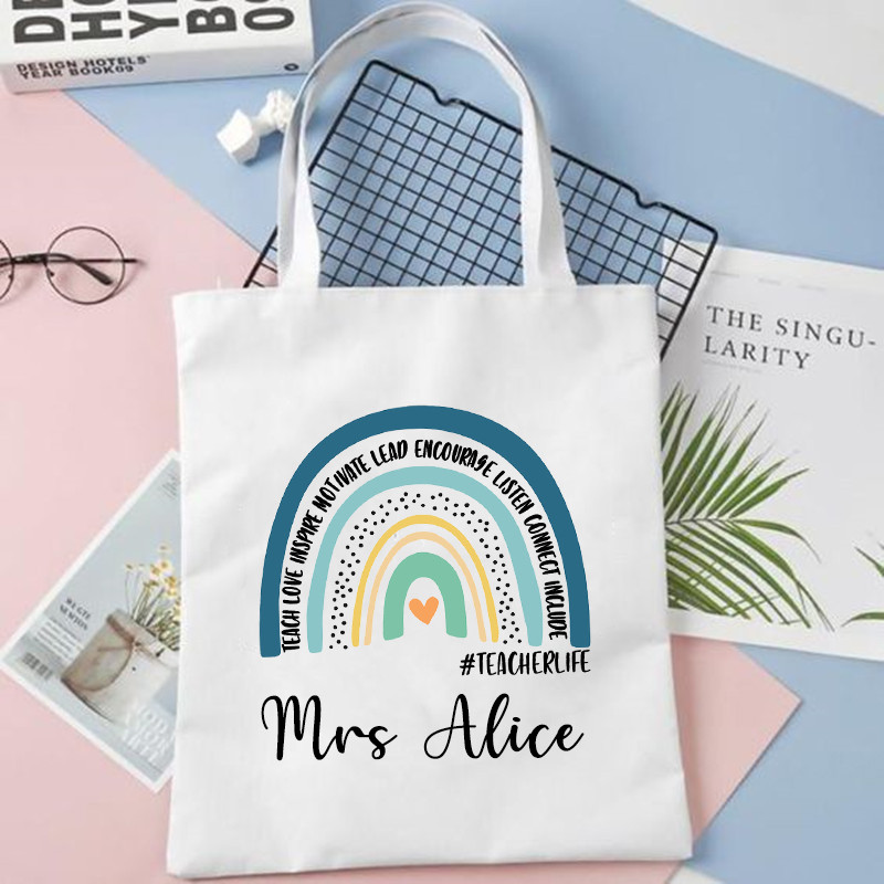 Geantă de umăr personalizată curcubeu pentru profesor cu nume personalizat pentru femei Geantă de cumpărături din pânză Eco Harajuku Genți de școală estetice Cadouri pentru profesor