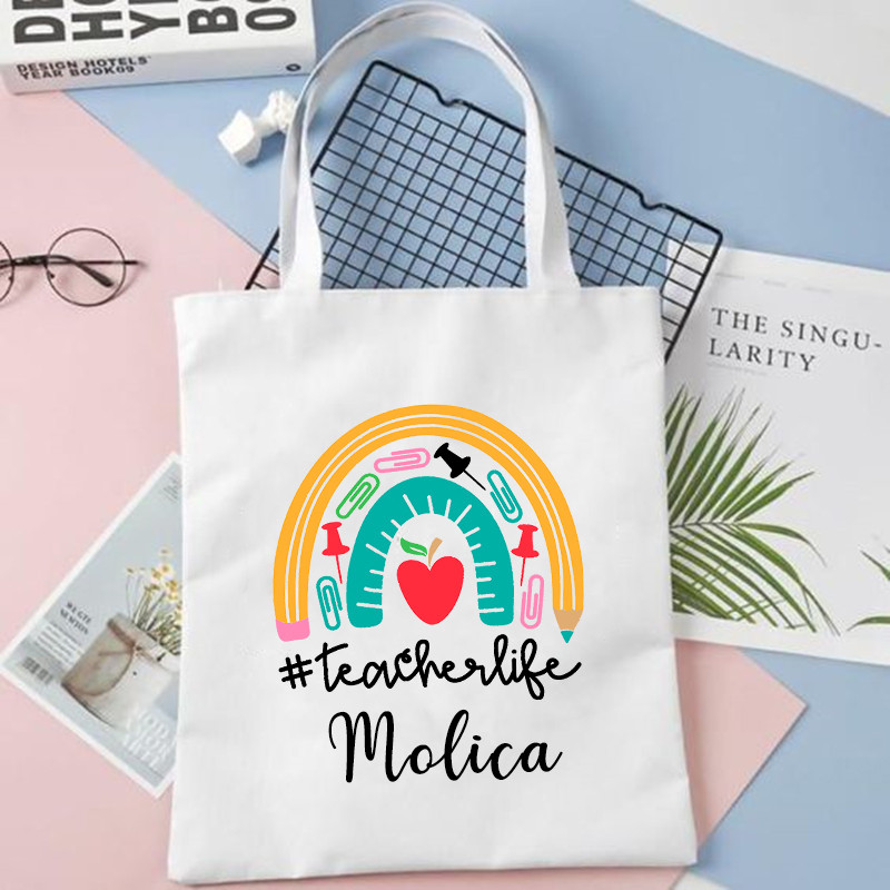 Geantă de umăr personalizată curcubeu pentru profesor cu nume personalizat pentru femei Geantă de cumpărături din pânză Eco Harajuku Genți de școală estetice Cadouri pentru profesor