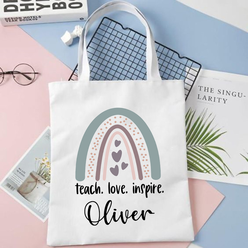 Geantă de umăr personalizată curcubeu pentru profesor cu nume personalizat pentru femei Geantă de cumpărături din pânză Eco Harajuku Genți de școală estetice Cadouri pentru profesor