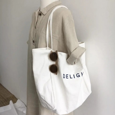 Nagy kapacitású pamut újrafelhasználható bevásárlótáska Női vászon válltáska DELIGH Print egyszínű kausális kézitáska hordtáska strandtáska