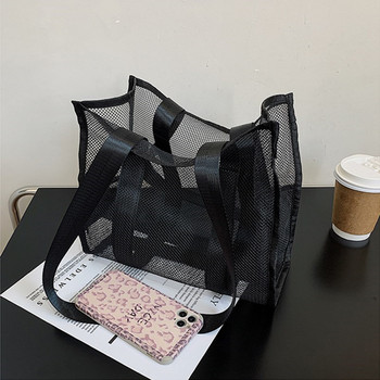 PURDORED 1 Pc Γυναικεία τσάντα Tote Mesh Επαναχρησιμοποιήσιμη Διαφανής Fashion One Shoulder Τσάντα παραλίας Mesh Hollow Shopping Bag Organizer