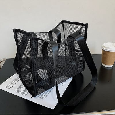 PURDORED 1 db női hálós táska újrafelhasználható átlátszó divat egy vállú strandtáska hálós üreges bevásárlótáska rendező