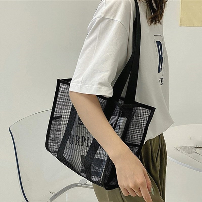 PURDORED 1 db női hálós táska újrafelhasználható átlátszó divat egy vállú strandtáska hálós üreges bevásárlótáska rendező