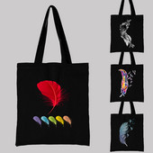 Női fekete bevásárlótáska, újrafelhasználható, nagy kapacitású alkalmi válltáska színes tollmintás nyomtatott vászon ingázó hordtáska