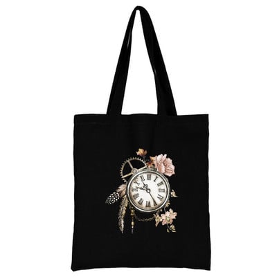 Női fekete bevásárlótáska, újrafelhasználható, nagy kapacitású alkalmi válltáska színes tollmintás nyomtatott vászon ingázó hordtáska