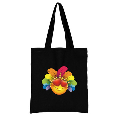 Női fekete bevásárlótáska, újrafelhasználható, nagy kapacitású alkalmi válltáska színes tollmintás nyomtatott vászon ingázó hordtáska