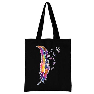 Női fekete bevásárlótáska, újrafelhasználható, nagy kapacitású alkalmi válltáska színes tollmintás nyomtatott vászon ingázó hordtáska