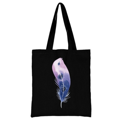 Női fekete bevásárlótáska, újrafelhasználható, nagy kapacitású alkalmi válltáska színes tollmintás nyomtatott vászon ingázó hordtáska