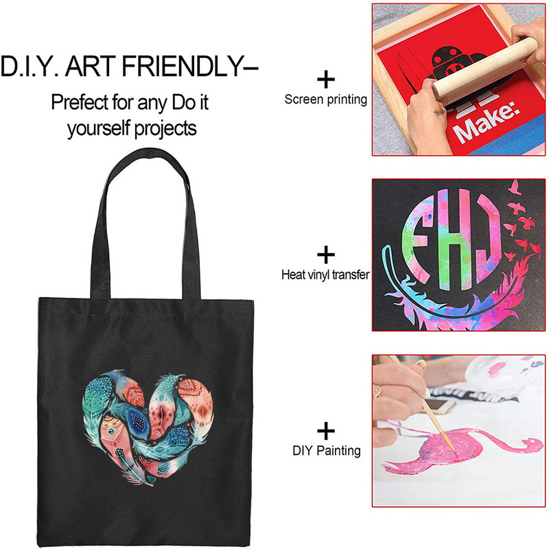 Női fekete bevásárlótáska, újrafelhasználható, nagy kapacitású alkalmi válltáska színes tollmintás nyomtatott vászon ingázó hordtáska