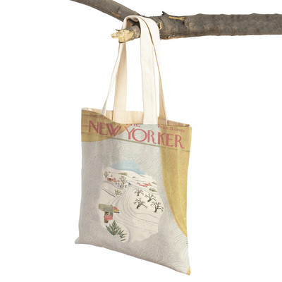 The New Yorker City Magazine Genți de cumpărături pentru femei, cu imprimeu dublu, ocazional, geantă nordică pentru cumpărături, geantă din pânză pentru femei, geantă de mână cu flori din frunze ecologice
