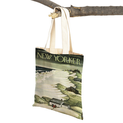 The New Yorker City Magazine Genți de cumpărături pentru femei, cu imprimeu dublu, ocazional, geantă nordică pentru cumpărături, geantă din pânză pentru femei, geantă de mână cu flori din frunze ecologice