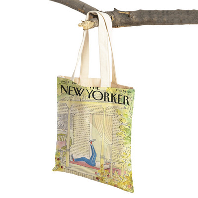The New Yorker City Magazine Genți de cumpărături pentru femei, cu imprimeu dublu, ocazional, geantă nordică pentru cumpărături, geantă din pânză pentru femei, geantă de mână cu flori din frunze ecologice