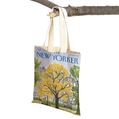The New Yorker City Magazine Genți de cumpărături pentru femei, cu imprimeu dublu, ocazional, geantă nordică pentru cumpărături, geantă din pânză pentru femei, geantă de mână cu flori din frunze ecologice