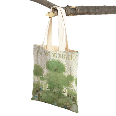 The New Yorker City Magazine Genți de cumpărături pentru femei, cu imprimeu dublu, ocazional, geantă nordică pentru cumpărături, geantă din pânză pentru femei, geantă de mână cu flori din frunze ecologice