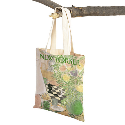 The New Yorker City Magazine Genți de cumpărături pentru femei, cu imprimeu dublu, ocazional, geantă nordică pentru cumpărături, geantă din pânză pentru femei, geantă de mână cu flori din frunze ecologice
