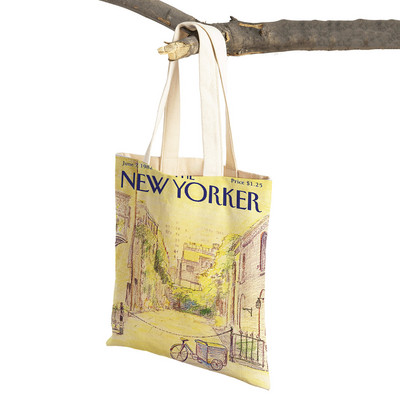 The New Yorker City Magazine Genți de cumpărături pentru femei, cu imprimeu dublu, ocazional, geantă nordică pentru cumpărături, geantă din pânză pentru femei, geantă de mână cu flori din frunze ecologice
