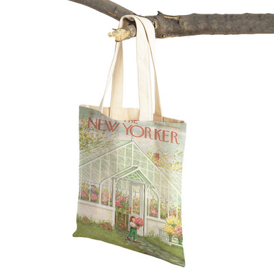 The New Yorker City Magazine Genți de cumpărături pentru femei, cu imprimeu dublu, ocazional, geantă nordică pentru cumpărături, geantă din pânză pentru femei, geantă de mână cu flori din frunze ecologice