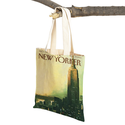 The New Yorker City Magazine Genți de cumpărături pentru femei, cu imprimeu dublu, ocazional, geantă nordică pentru cumpărături, geantă din pânză pentru femei, geantă de mână cu flori din frunze ecologice
