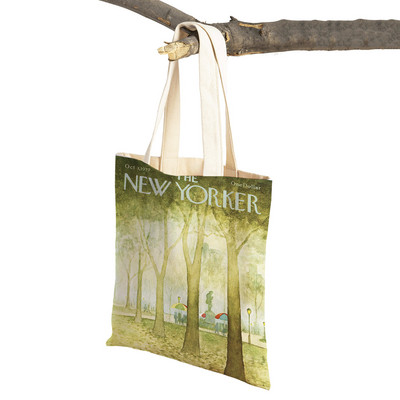 The New Yorker City Magazine Genți de cumpărături pentru femei, cu imprimeu dublu, ocazional, geantă nordică pentru cumpărături, geantă din pânză pentru femei, geantă de mână cu flori din frunze ecologice