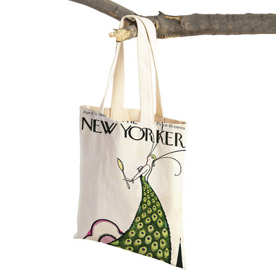 The New Yorker City Magazine Genți de cumpărături pentru femei, cu imprimeu dublu, ocazional, geantă nordică pentru cumpărături, geantă din pânză pentru femei, geantă de mână cu flori din frunze ecologice
