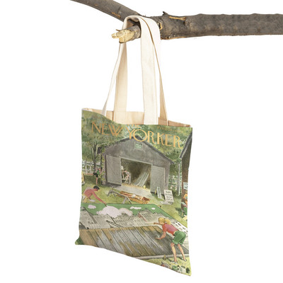 The New Yorker City Magazine Genți de cumpărături pentru femei, cu imprimeu dublu, ocazional, geantă nordică pentru cumpărături, geantă din pânză pentru femei, geantă de mână cu flori din frunze ecologice