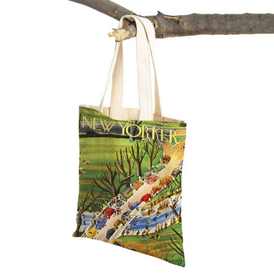 The New Yorker City Magazine Genți de cumpărături pentru femei, cu imprimeu dublu, ocazional, geantă nordică pentru cumpărături, geantă din pânză pentru femei, geantă de mână cu flori din frunze ecologice